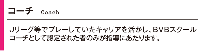 コーチ　Jリーグ等でプレーしていたキャリアを活かし、BVBスクールコーチとして認定された物のみが指導にあたります。